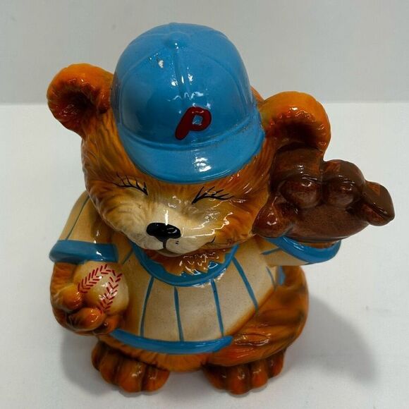 Vintage 90’s Teddy Bear Musical Piggy Bank Baseball Theme Hand Painted 7 1/2” H - Picture 6 of 9
